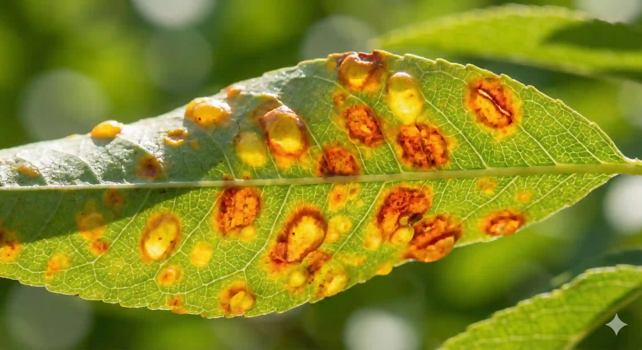 علائم ظاهری و لکههای نارنجی بیماری لکه آجری روی برگ درخت بادام.