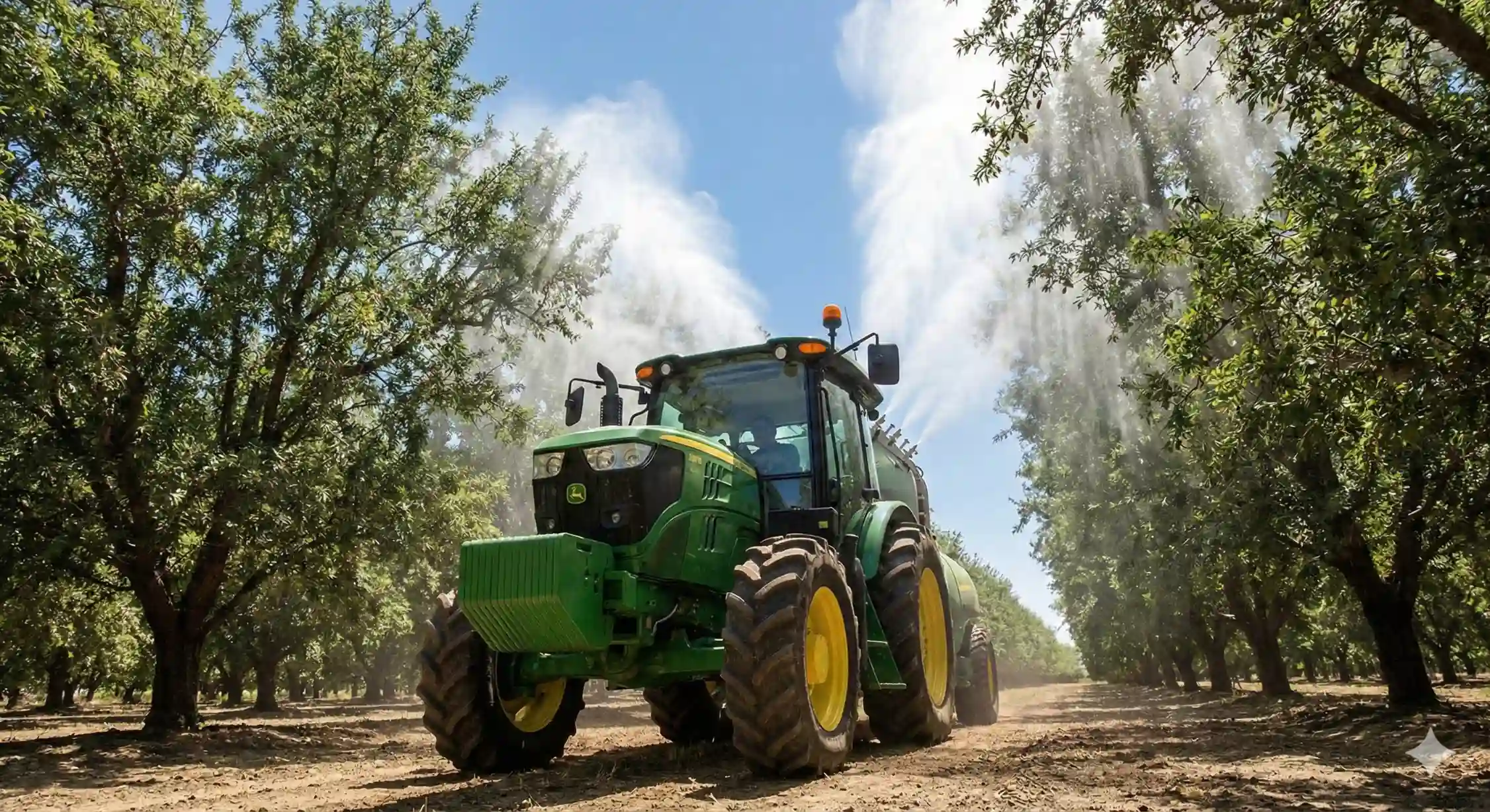 عملیات سمپاشی درختان بادام با قارچ کش برای کنترل لکه آجری.